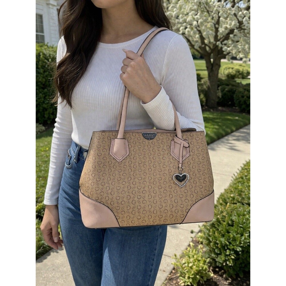GUESS Logo Beige Heart Charm Tote Bag Zip Women's Double Handle Trapezoid - Picture 2 of 16